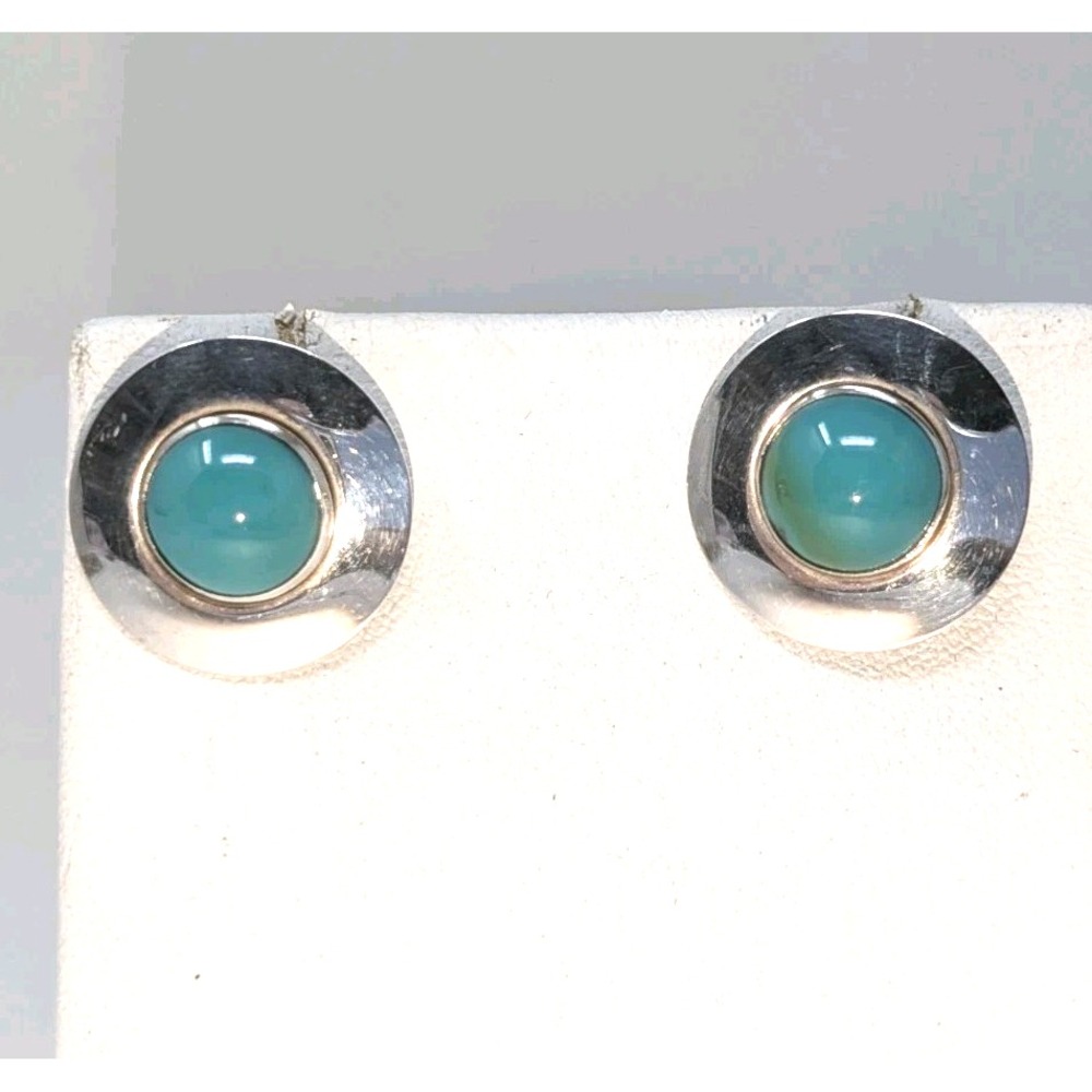 Vtg Turquoise Cabochon Disc Post Earrings 925 Sterling Silver Signed M 4.64g